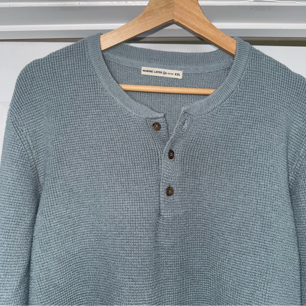Marine Layer Teal Henley Sweater XXL Re-Spun Organic Cotton Knit Raglan Button - Picture 5 of 9